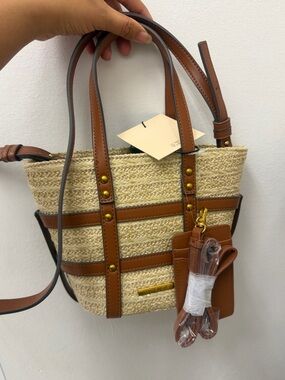 Straw Woven Tote with Tan Leather Trim